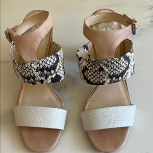 Vince Camuto Tan, Black & White Snake-Print Ankle Strap Sandals, Size 10